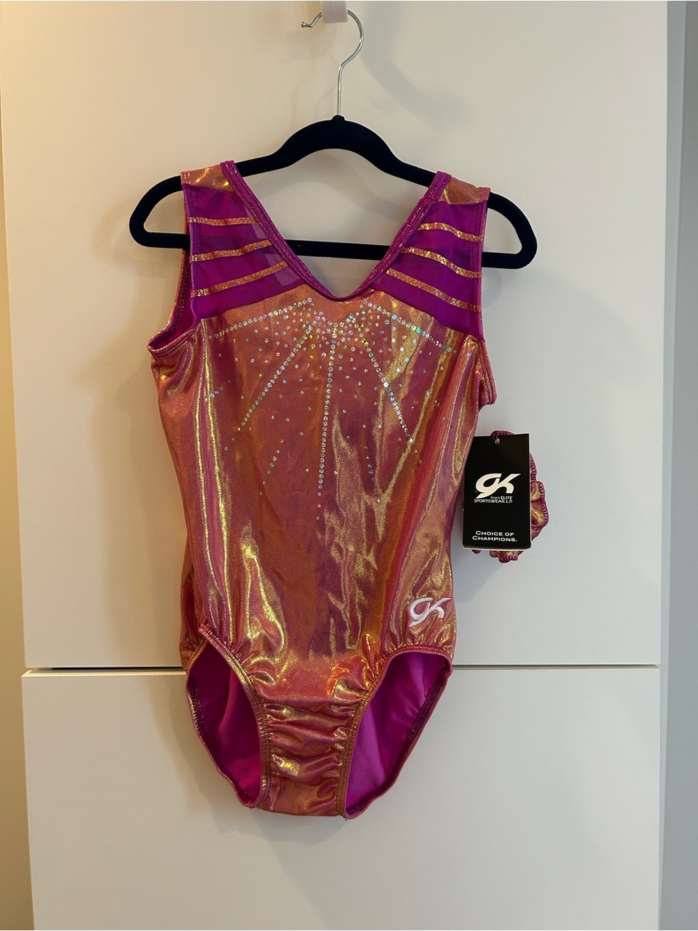 NWT GK® Girls' Shimmer Pink Gymnastics Leotard with Rhinestone Design - Size AM